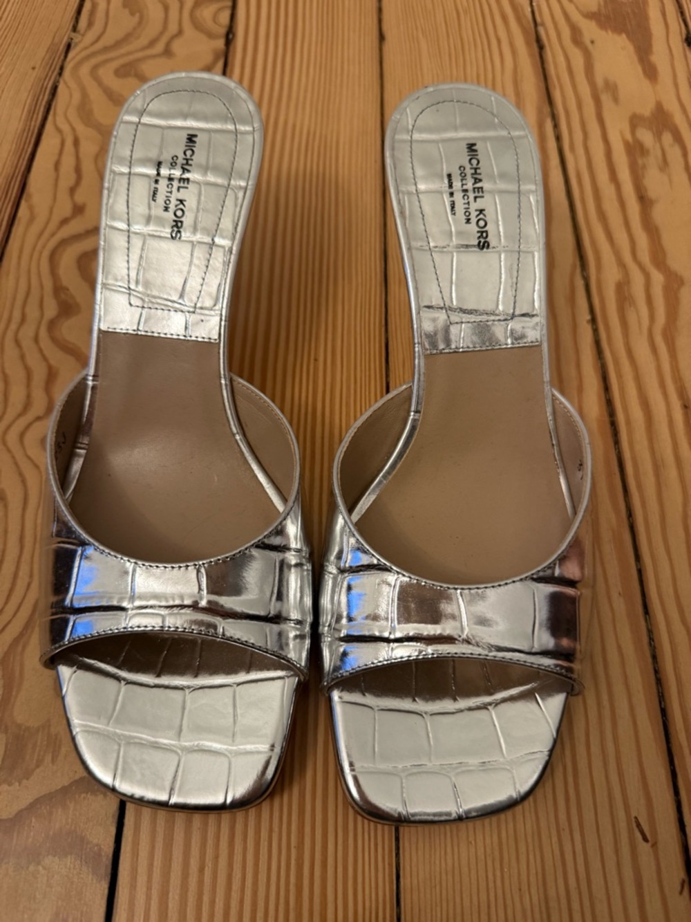 Michael Kors Metallic Silver Croc-Embossed Slide Mules
